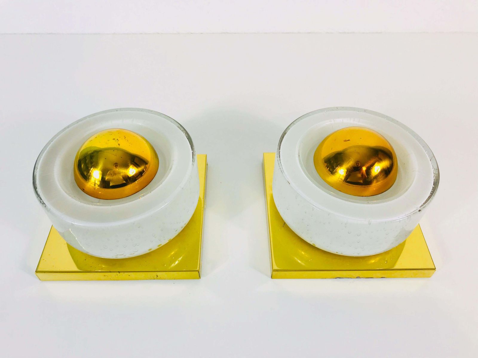 Pair Of Modernist Brass And Bubble Glass Wall Lamps By Limburg, Germany, 1980s photo Lighting