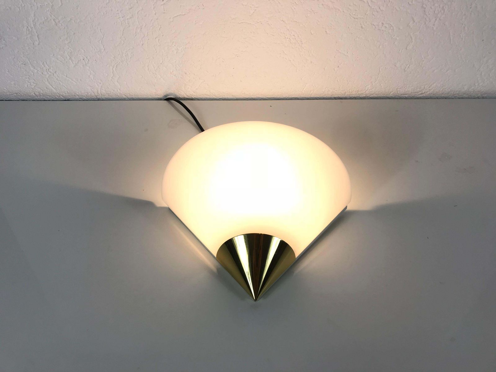 Set Of 3 Midcentury Brass And Opaline Glass Wall Lamps By Limburg, 1970s photo for sale