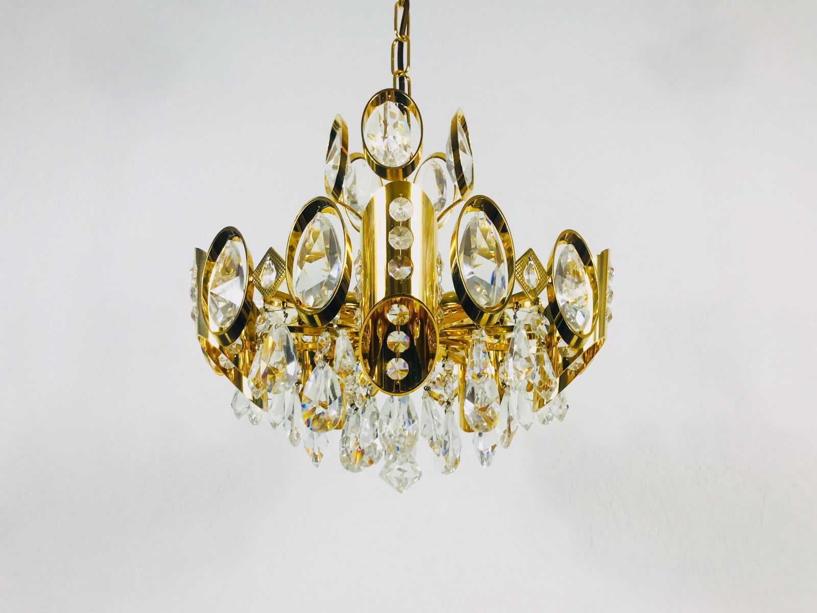 Golden Gilded Brass And Crystal Glass Chandelier By Palwa, Germany, 1960s photo Lighting