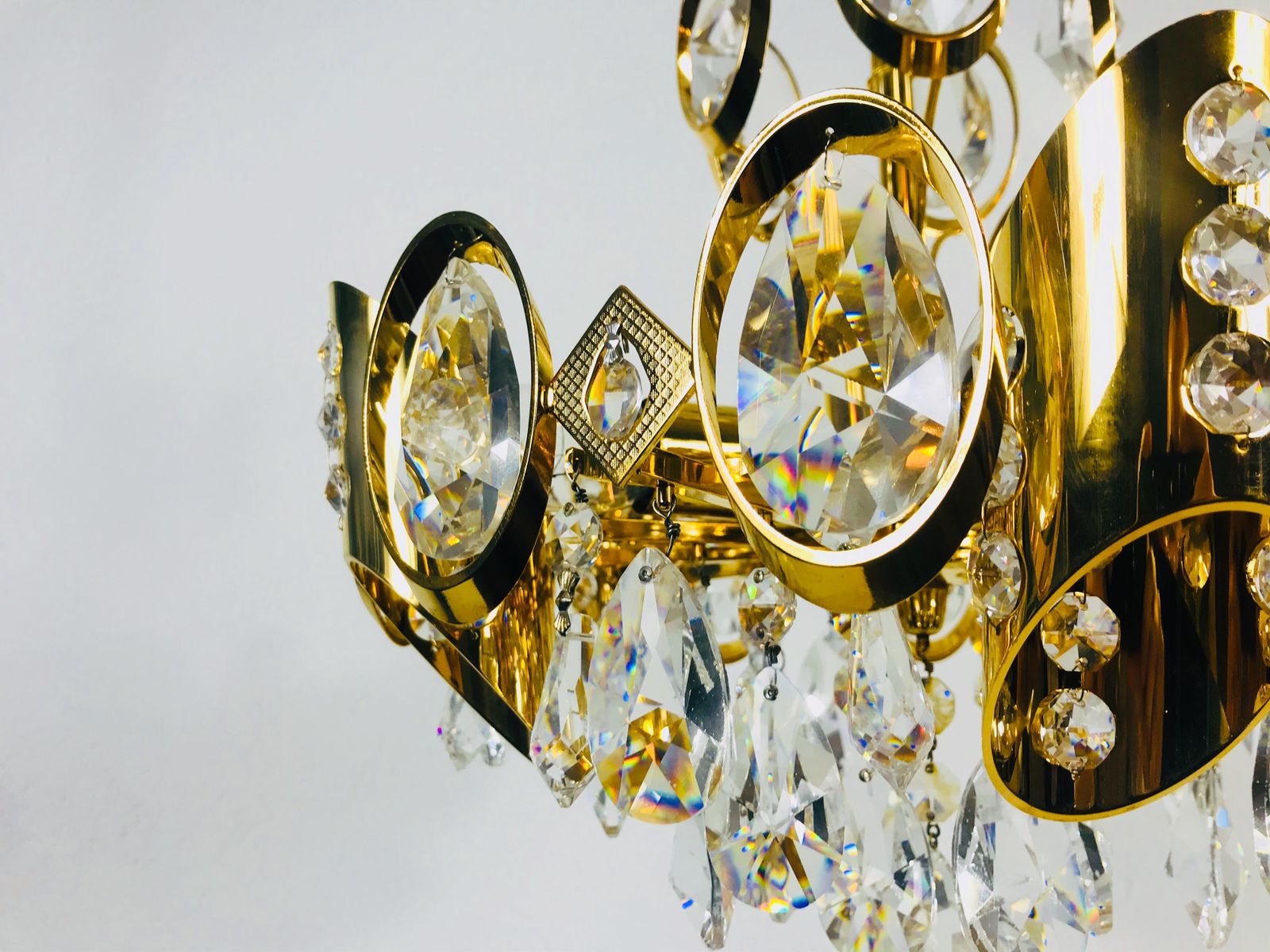 Golden Gilded Brass And Crystal Glass Chandelier By Palwa, Germany, 1960s photo buy