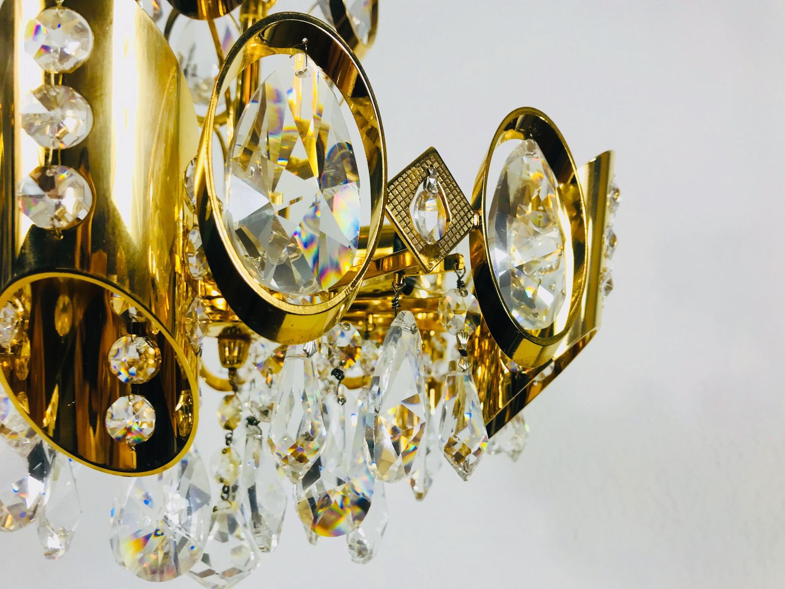 Golden Gilded Brass And Crystal Glass Chandelier By Palwa, Germany, 1960s photo vintage