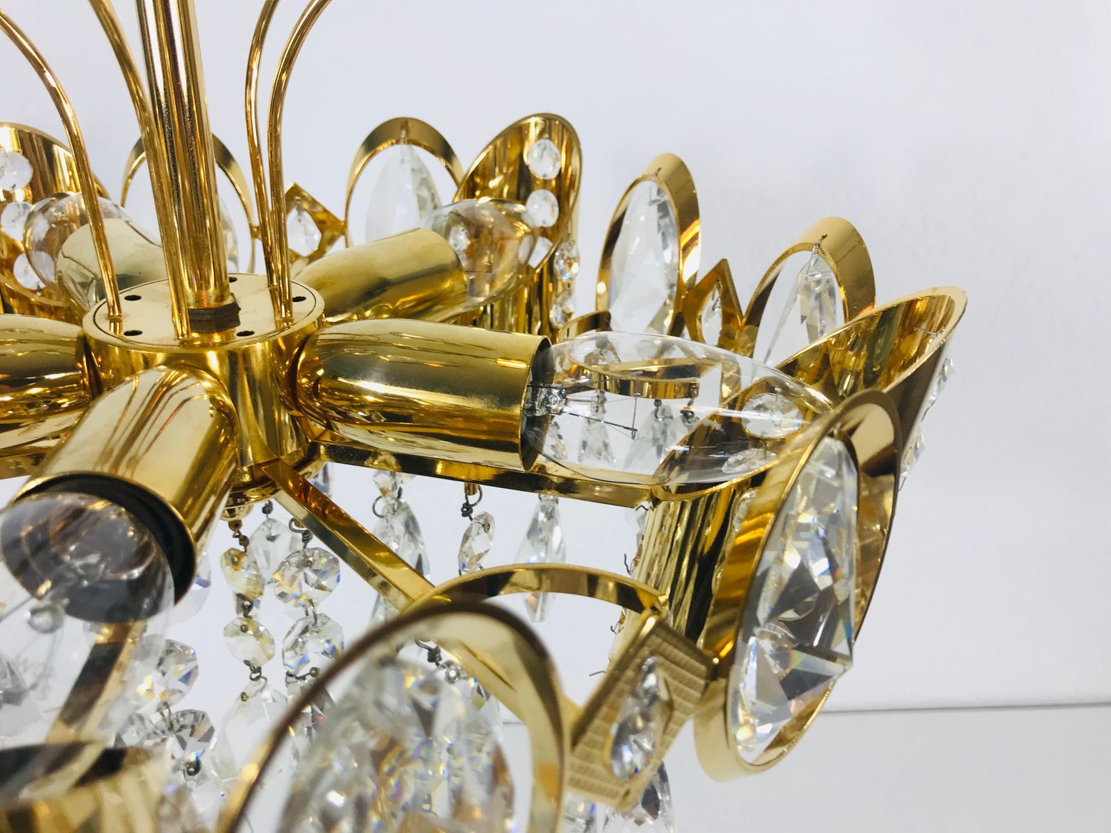 1378.0 Golden Gilded Brass And Crystal Glass Chandelier By Palwa, Germany, 1960s photo