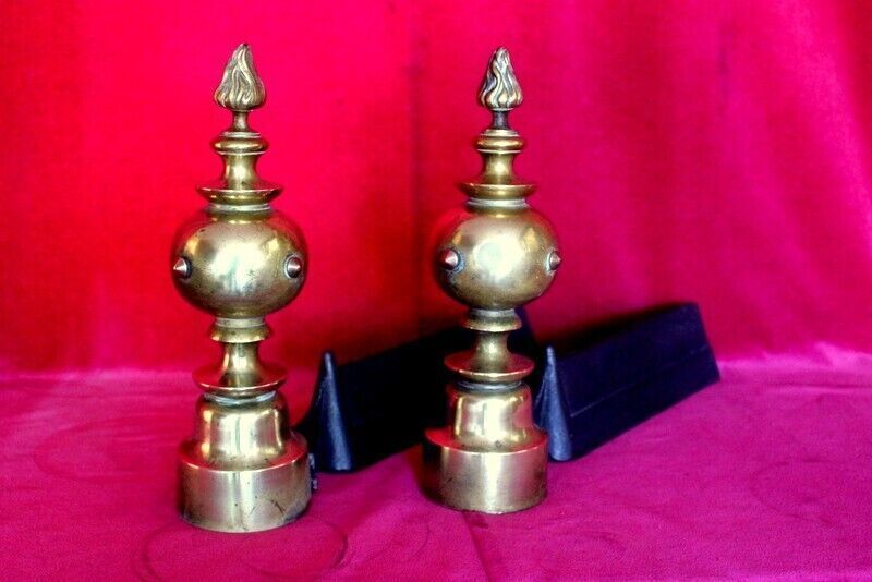 Pair Of Italian Antique Cast Iron And Brass Fireplace Andirons Fire Dogs 19th C