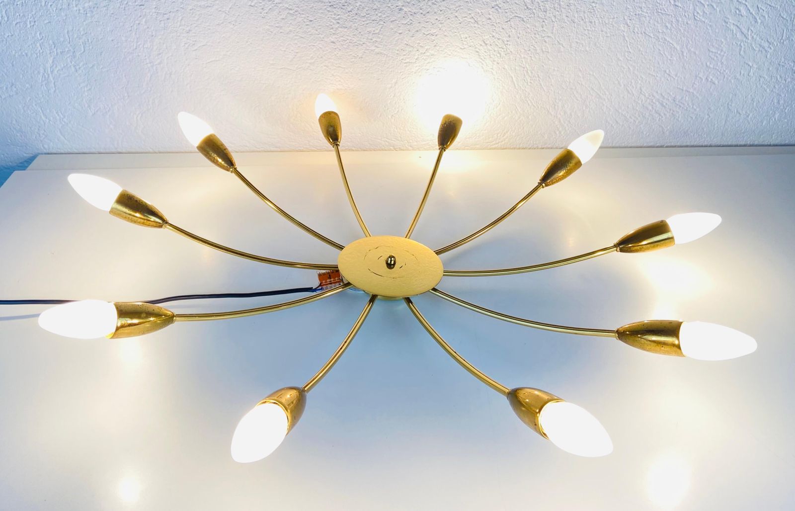 Large Midcentury Brass 10 Arm Sputnik Chandelier, 1950s photo furniture