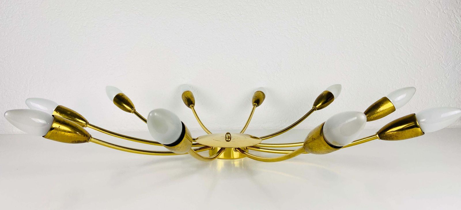 Large Midcentury Brass 10 Arm Sputnik Chandelier, 1950s photo 942.0