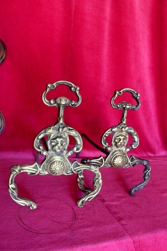 19th C Pair Of Italian Antique Cast Iron And Brass Fireplace Andirons Fire Dogs photo furniture
