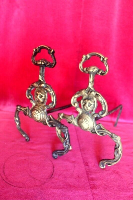 19th C Pair Of Italian Antique Cast Iron And Brass Fireplace Andirons Fire Dogs photo buy