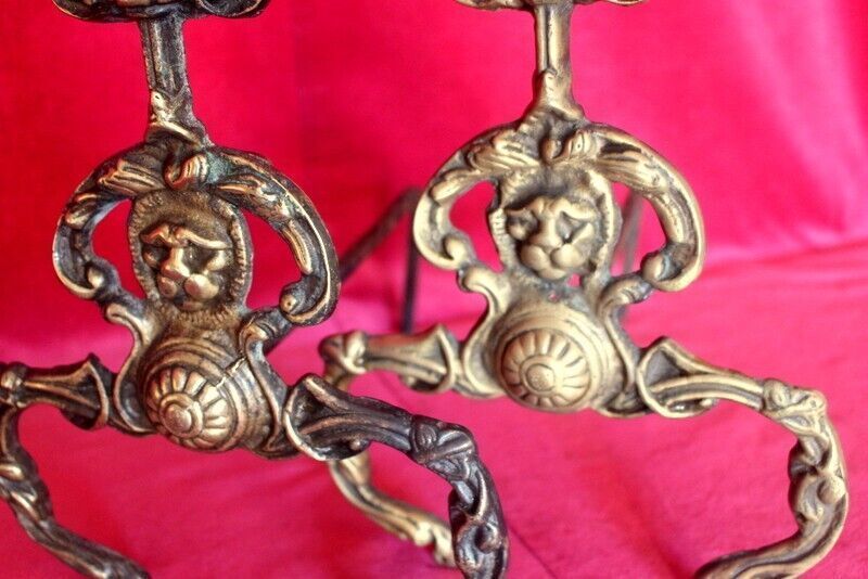 19th C Pair Of Italian Antique Cast Iron And Brass Fireplace Andirons Fire Dogs photo vintage