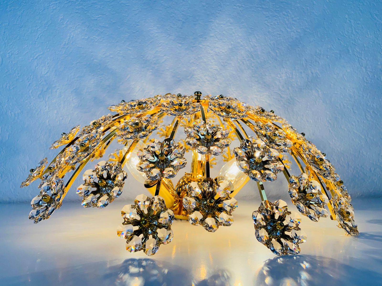 Lighting Gilt Brass And Crystal Glass Flush Mount By Palwa, Germany, 1970s photo