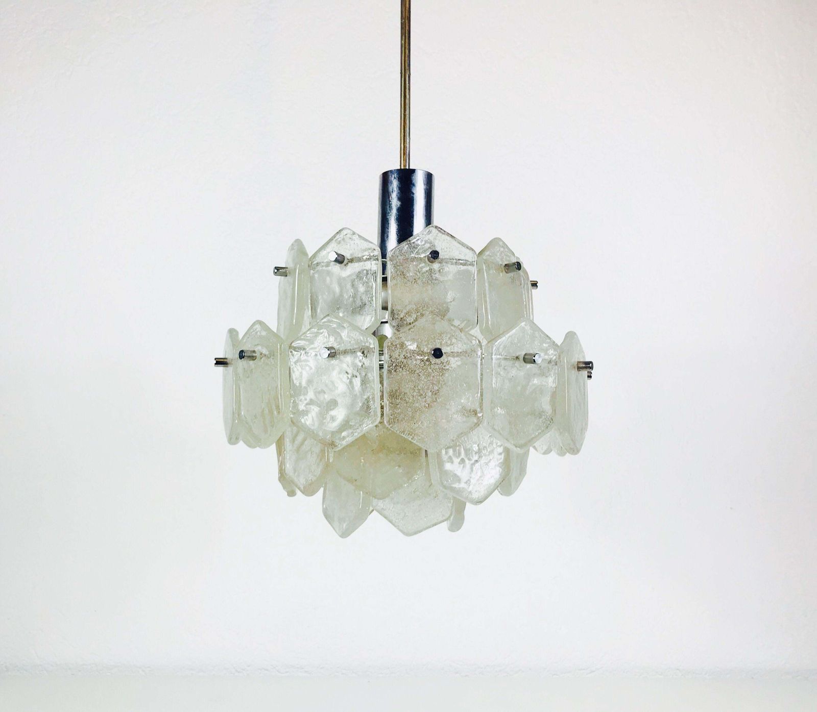 Four Tiered Kalmar Midcentury Ice Glass Chandelier, Circa 1960s photo for sale