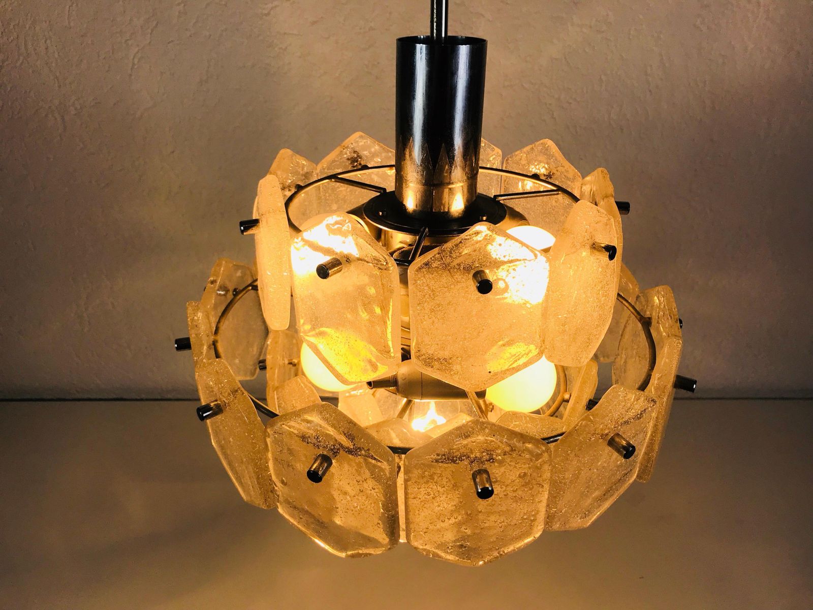 Four Tiered Kalmar Midcentury Ice Glass Chandelier, Circa 1960s photo Lighting