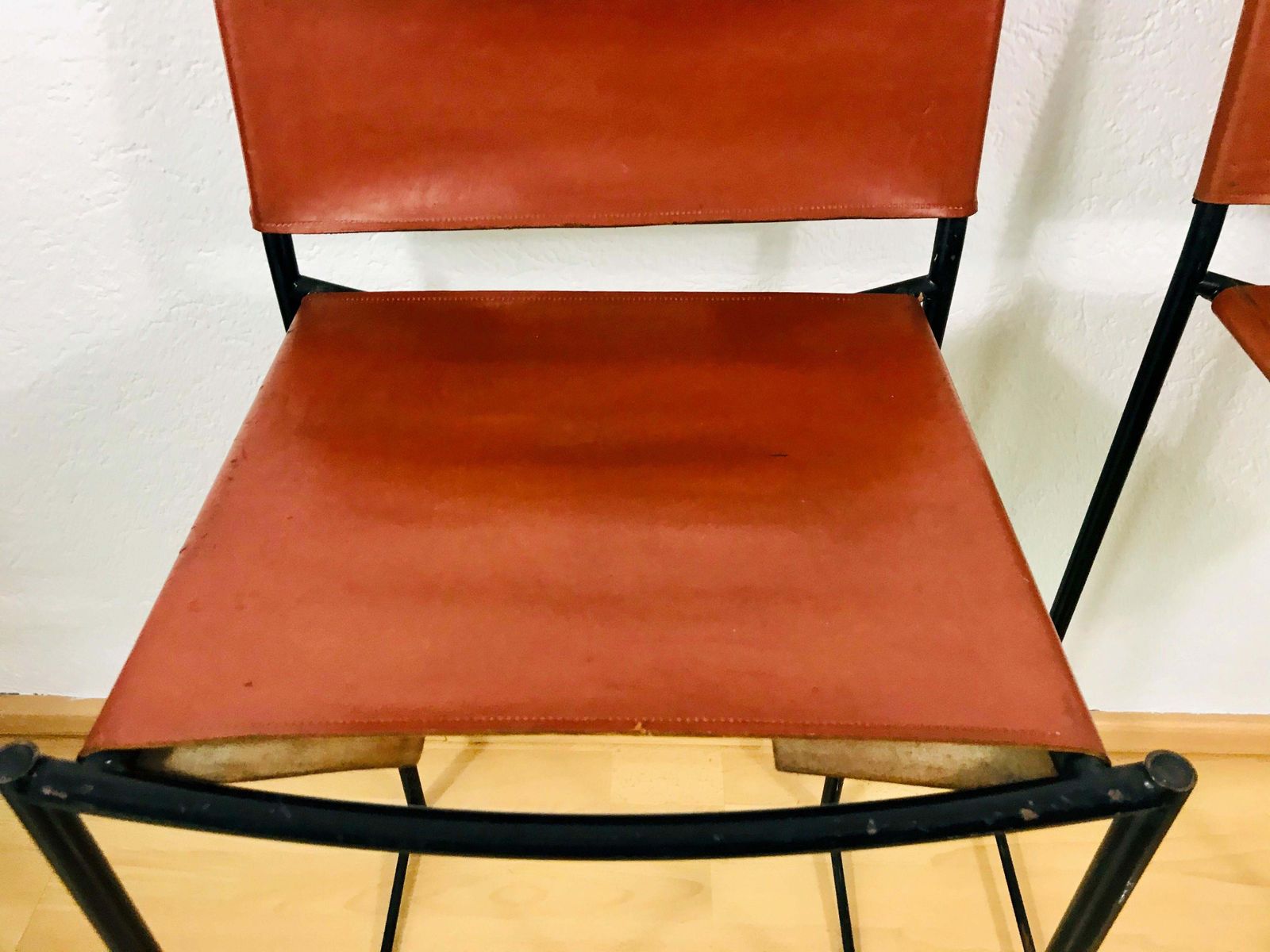 photo for sale Pair Of Natural Leather Barstools By G. Belotti For Alias, 1970s, Italy