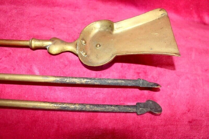 19th C Pair Of Italian Antique Brass Fireplace Companions Golden Solid Brass photo for sale