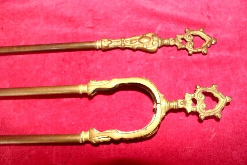 19th C Pair Of Italian Embossed Antique Brass Companions Golden Solid Brass photo furniture