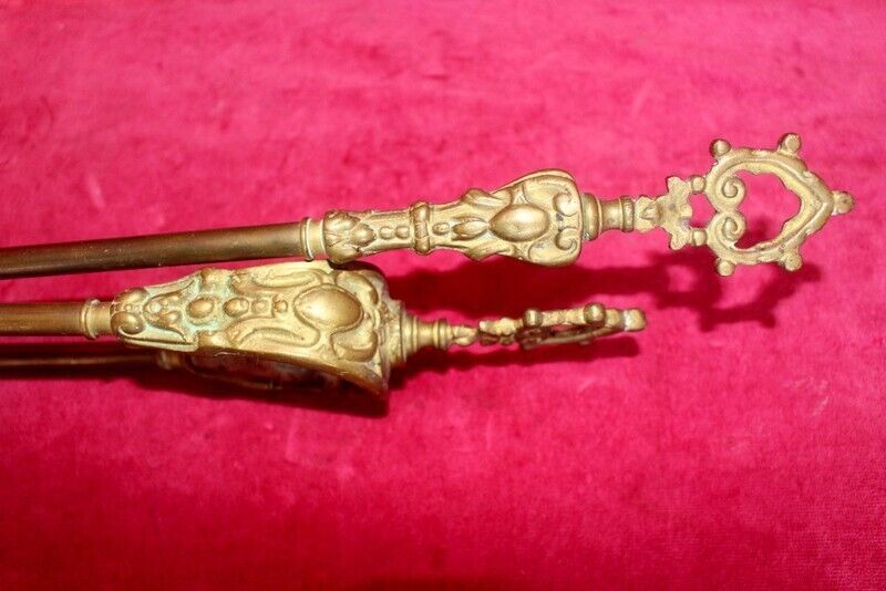 19th C Pair Of Italian Embossed Antique Brass Companions Golden Solid Brass photo Home Fixtures
