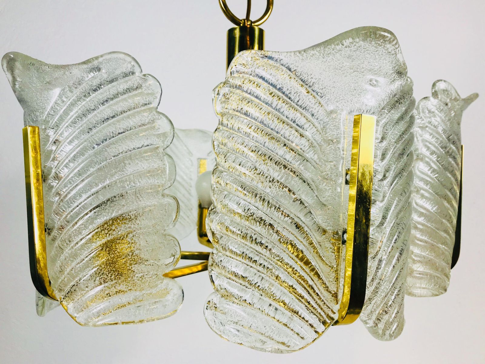 Large Rare Midcentury 6 Arm Brass And Ice Glass Chandelier, 1960s photo buy