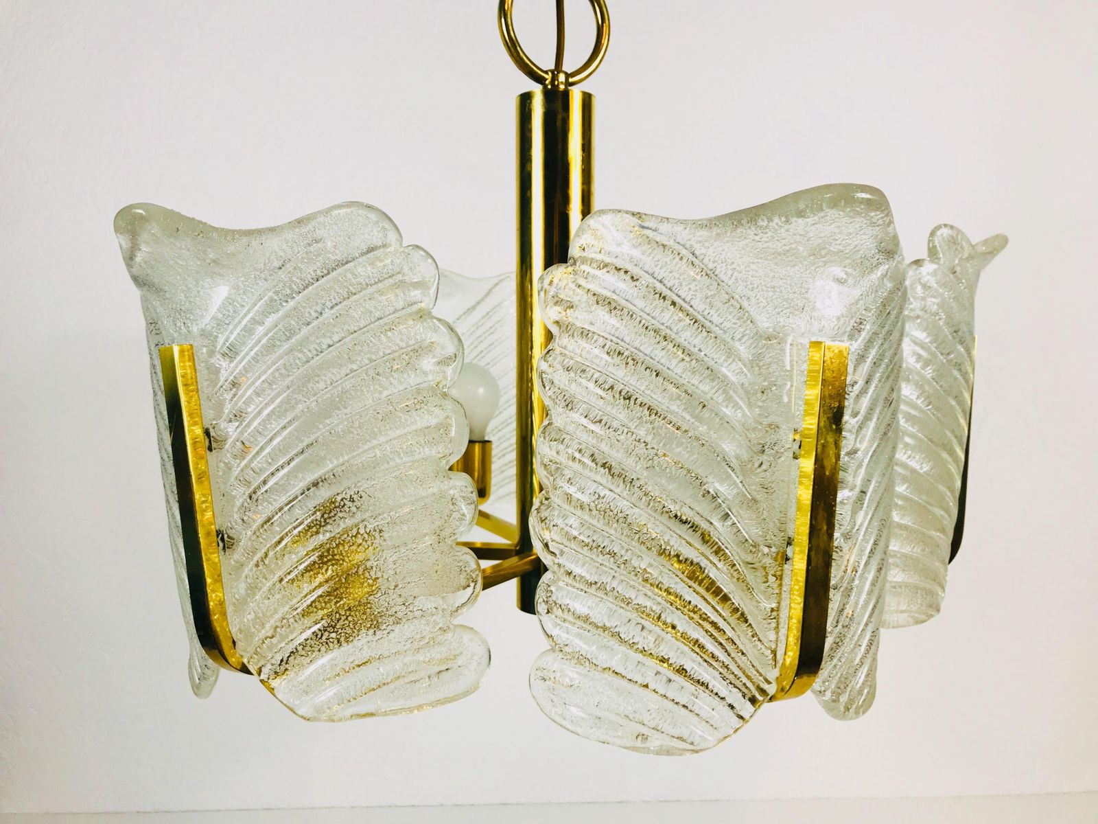 photo furniture Large Rare Midcentury 6 Arm Brass And Ice Glass Chandelier, 1960s