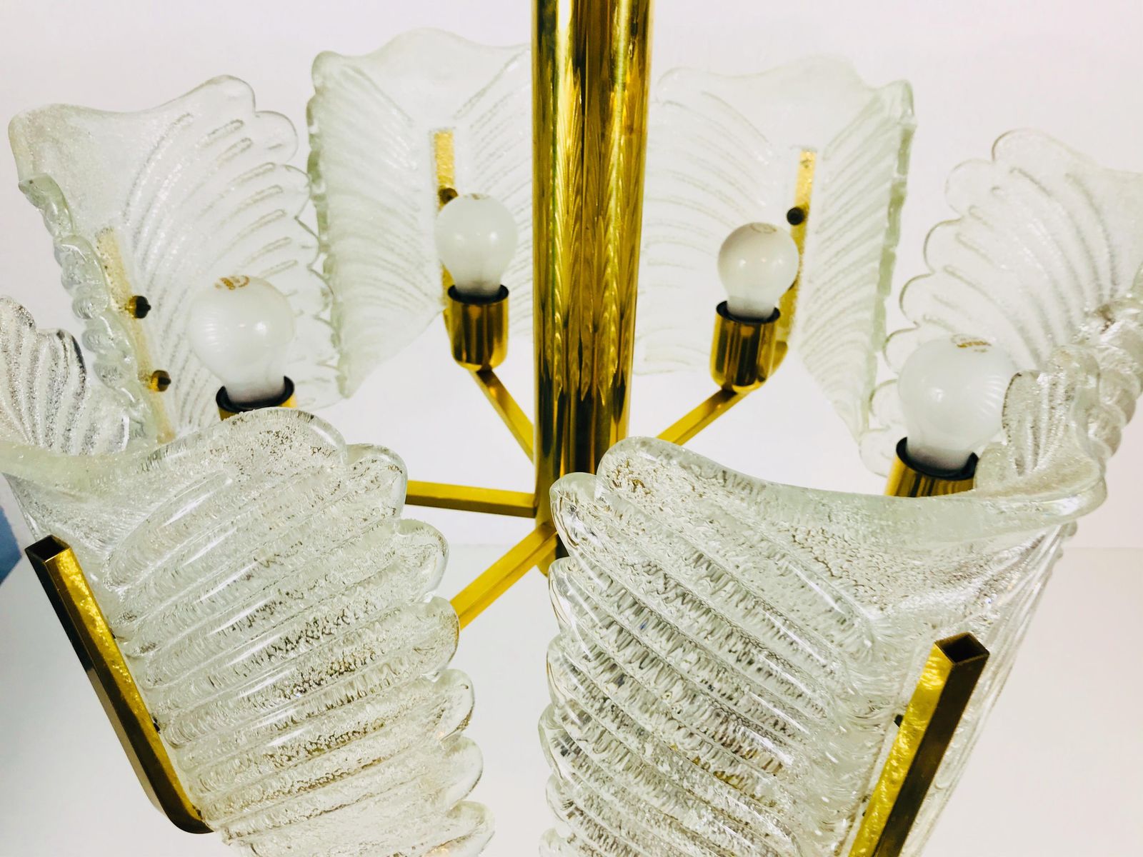 photo for sale Large Rare Midcentury 6 Arm Brass And Ice Glass Chandelier, 1960s