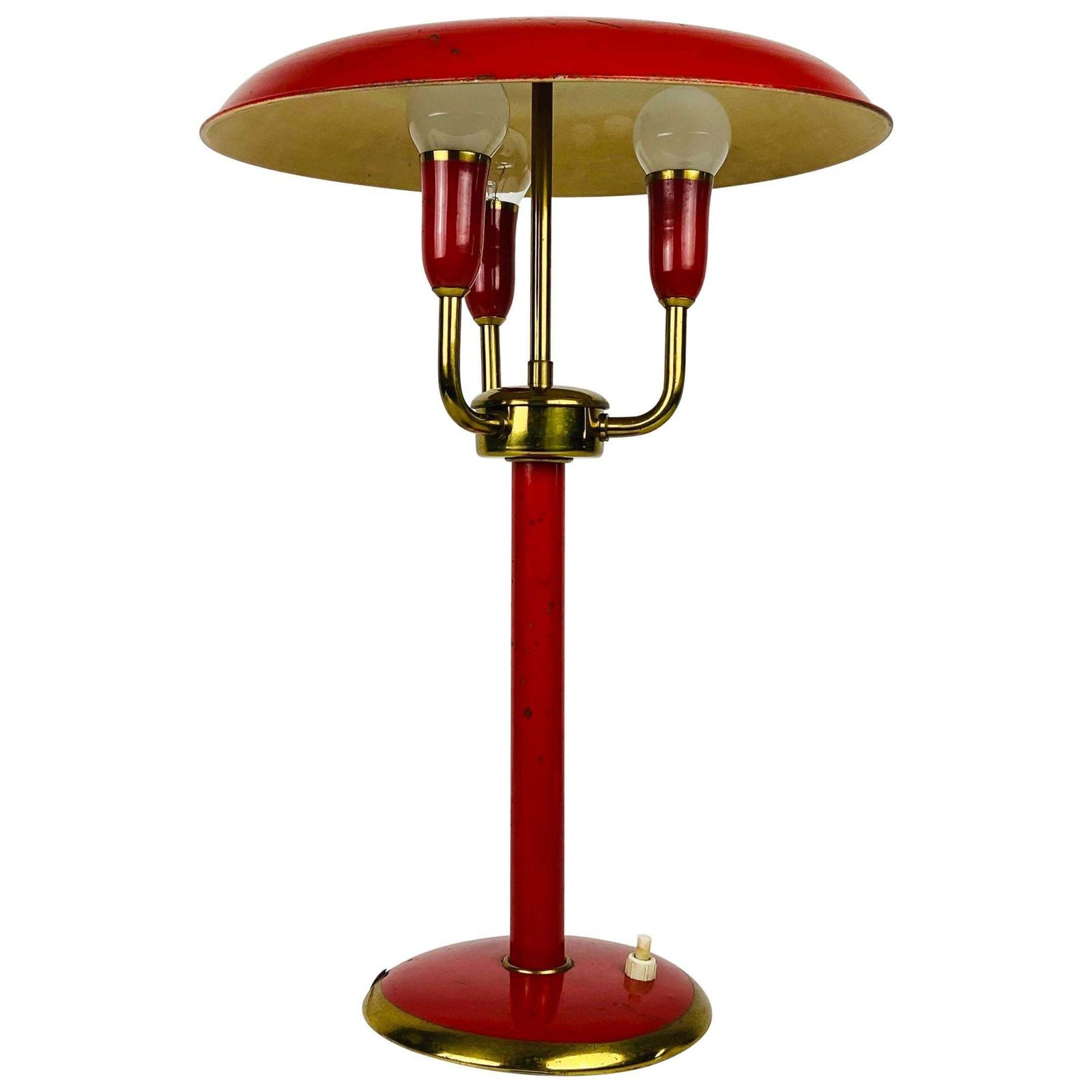 Zeldzame Rode Italiaanse Tafellamp Met 3 Armen In De Stijl Van Stilnovo, Jaren 1960, Italië