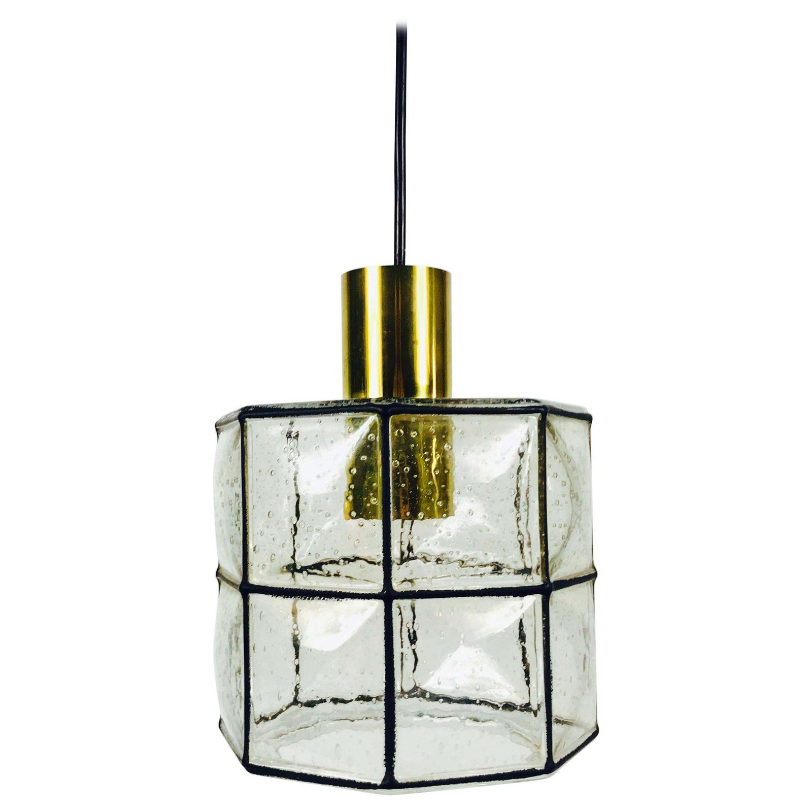 Midcentury Iron And Bubble Glass Pendant Lamp By Glashütte Limburg, 1960s