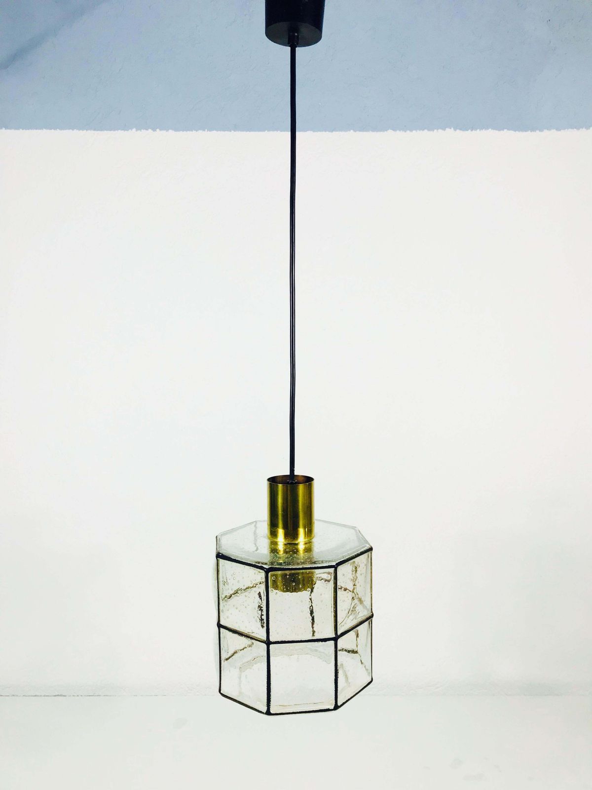 Midcentury Iron And Bubble Glass Pendant Lamp By Glashütte Limburg, 1960s photo Lighting