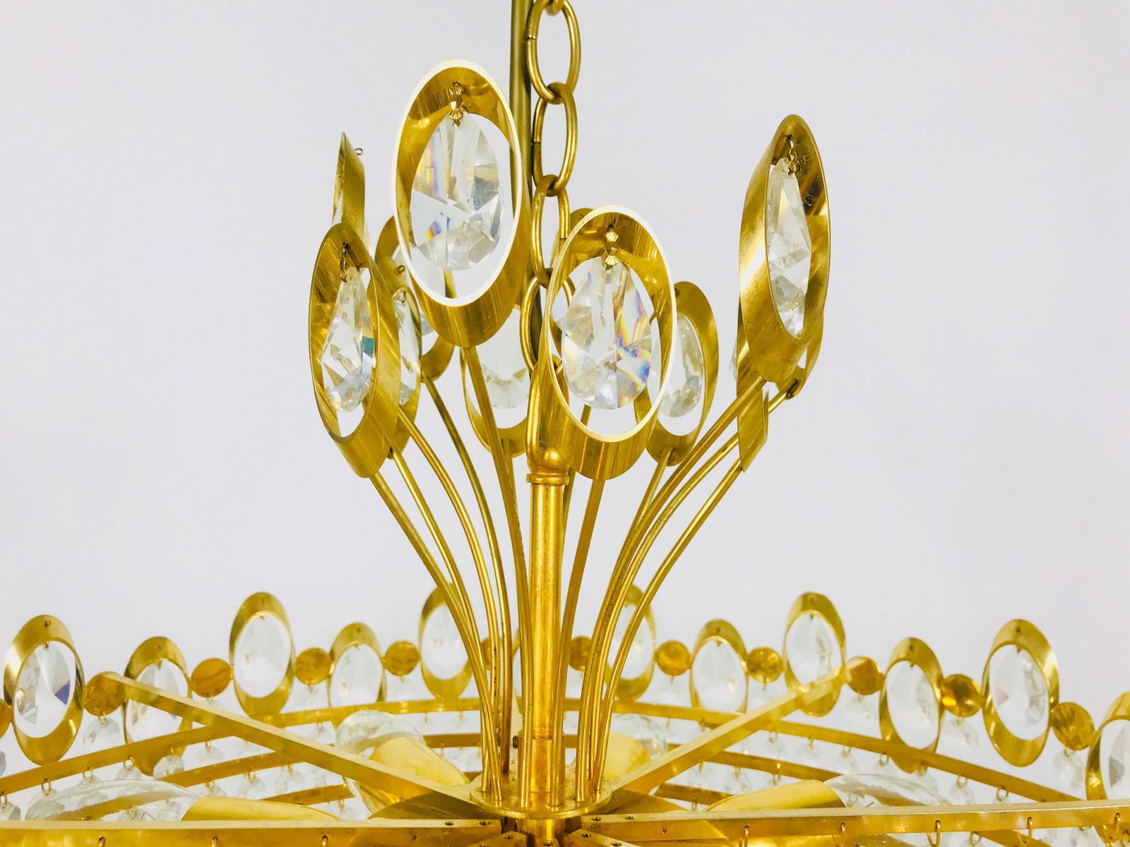 Golden Gilded Brass And Crystal Glass Chandelier By Palwa, Germany, 1960s photo buy