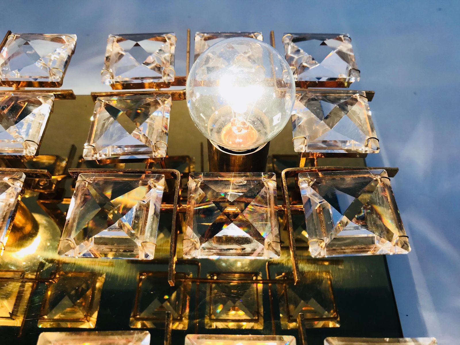 photo for sale Gilt Brass And Crystal Glass Flush Mount By Palwa, Germany, 1970s