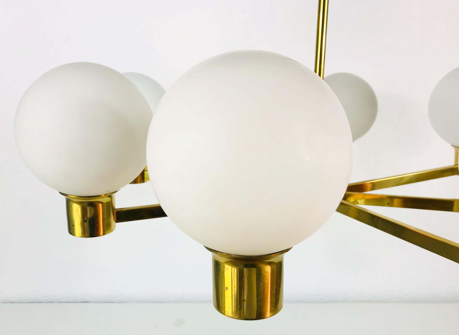 Rare Midcentury 8 Arm Brass And Opaline Glass Chandelier, 1960s photo vinterior