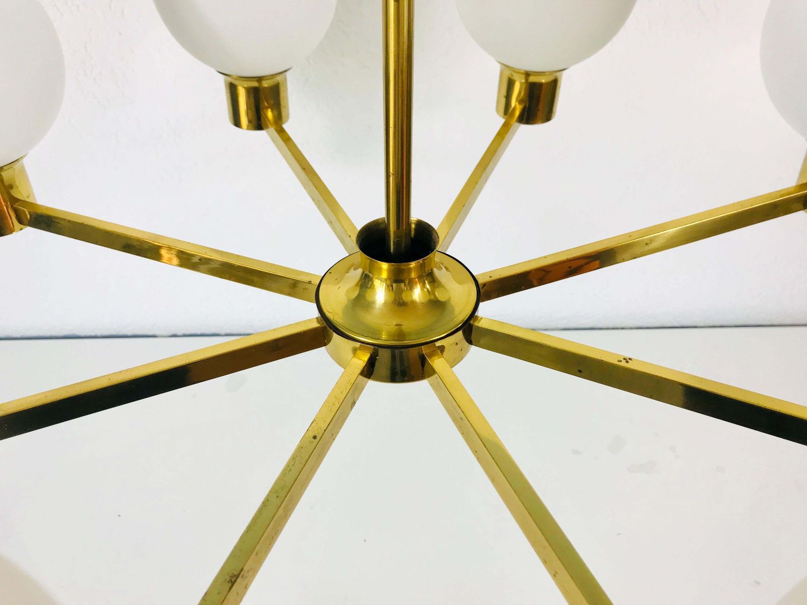 photo furniture Rare Midcentury 8 Arm Brass And Opaline Glass Chandelier, 1960s