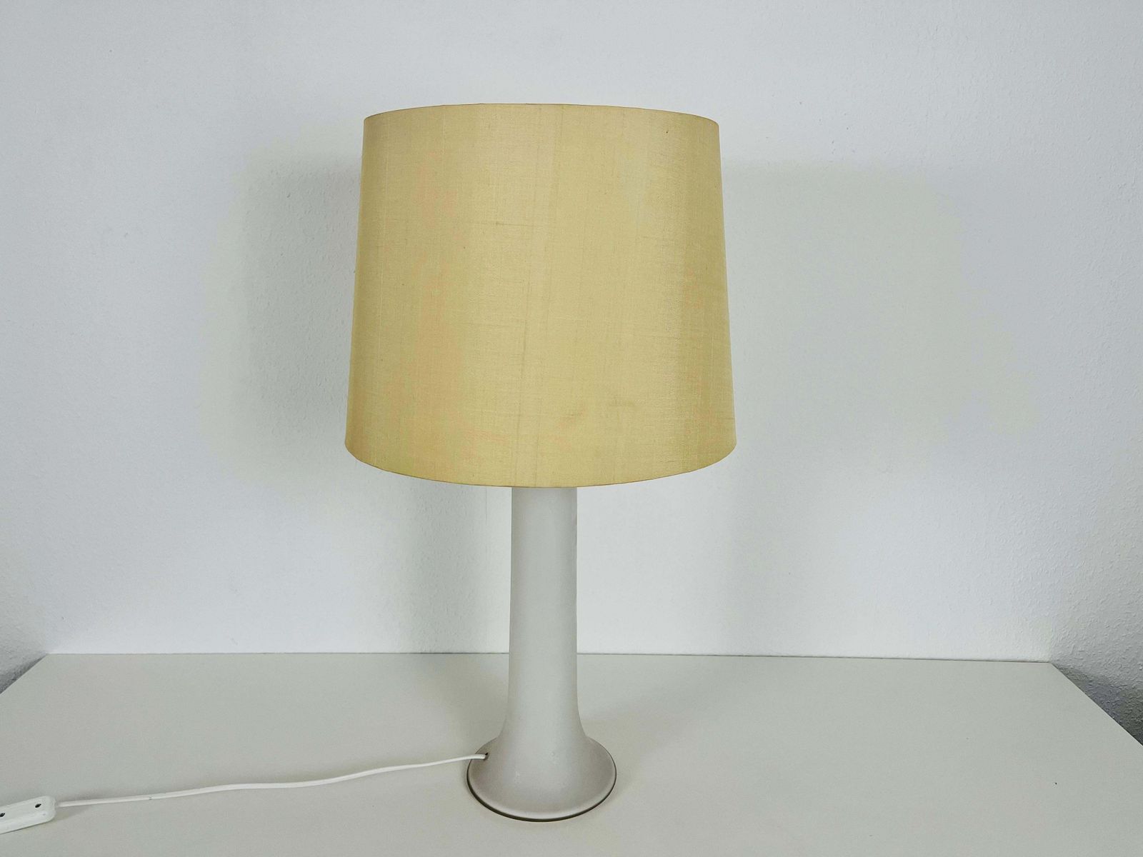 Mid Century White Glass And Fabric Shade Table Lamp By Luxus Sweden, 1960s photo furniture