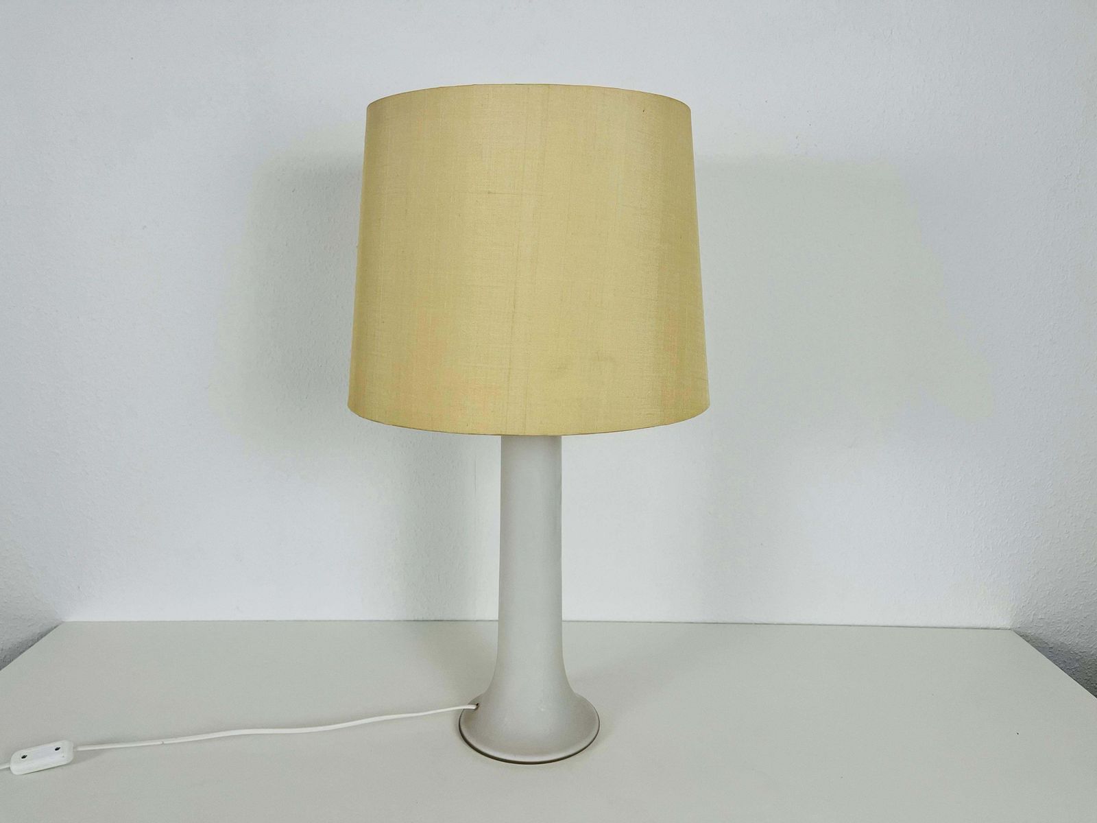 Mid Century White Glass And Fabric Shade Table Lamp By Luxus Sweden, 1960s photo for sale