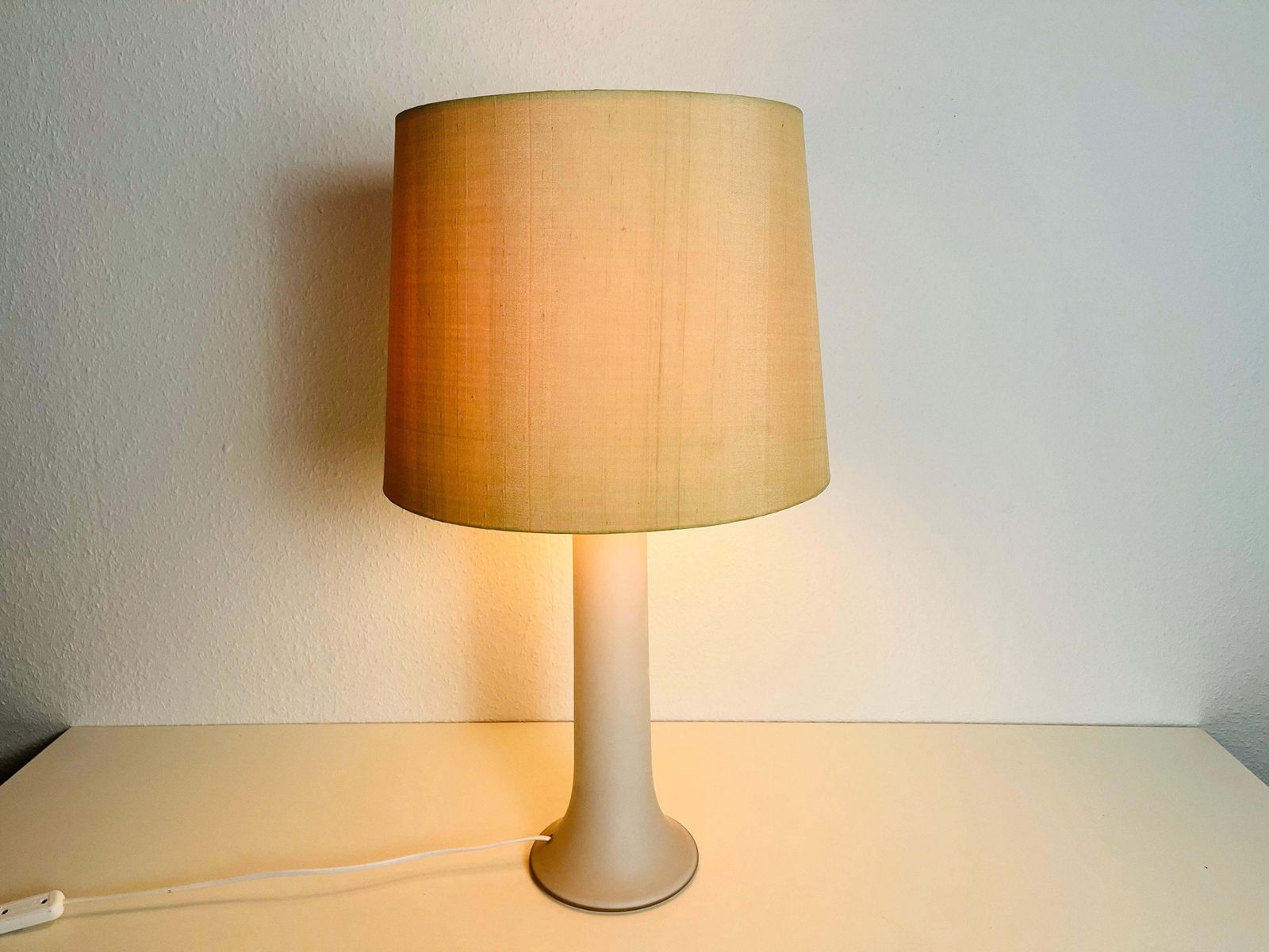 photo furniture Mid Century White Glass And Fabric Shade Table Lamp By Luxus Sweden, 1960s
