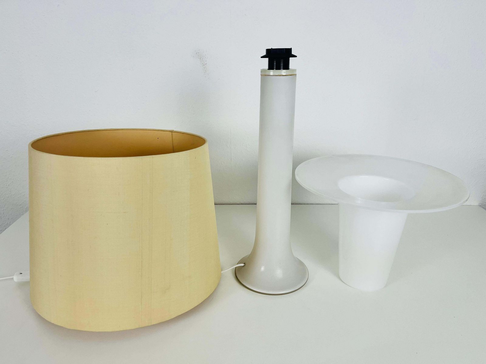 Lighting Mid Century White Glass And Fabric Shade Table Lamp By Luxus Sweden, 1960s photo