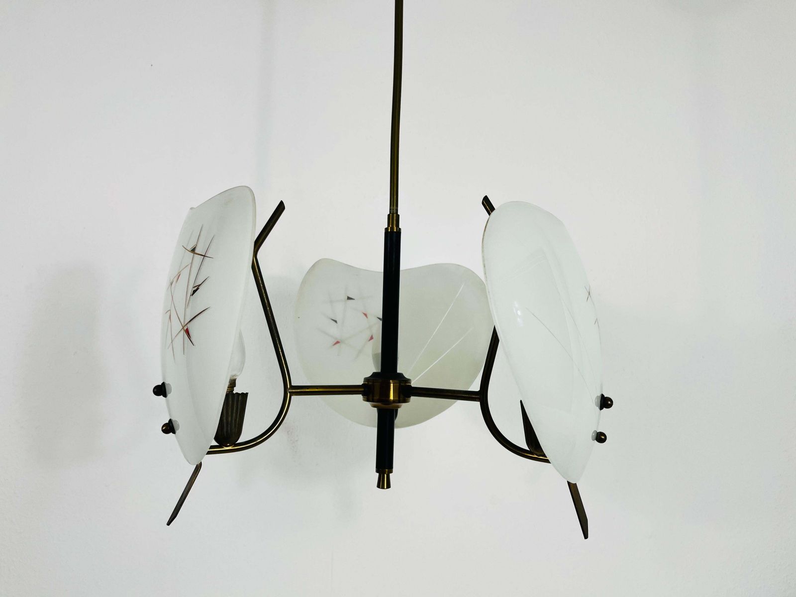 Italian Midcentury Brass And Glass 3 Arm Sputnik Chandelier, 1950s photo Lighting