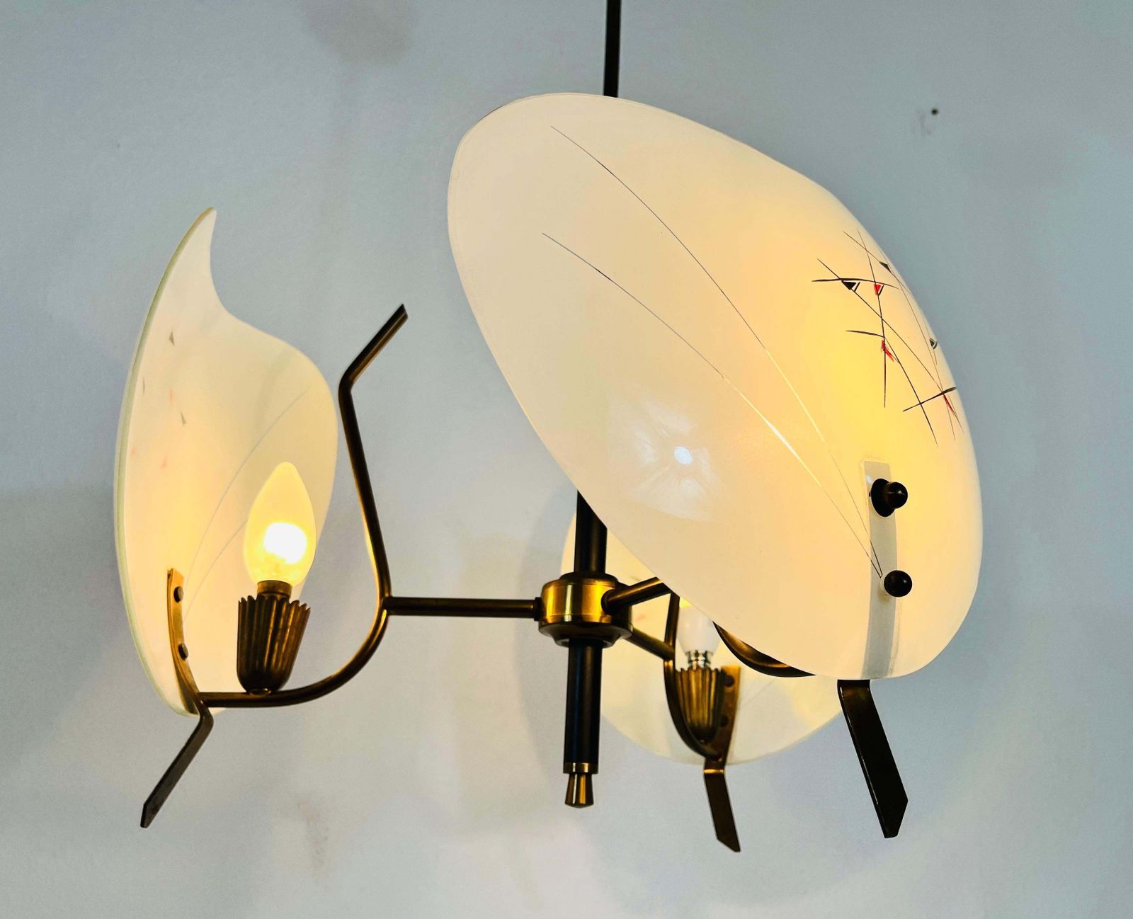 photo for sale Italian Midcentury Brass And Glass 3 Arm Sputnik Chandelier, 1950s