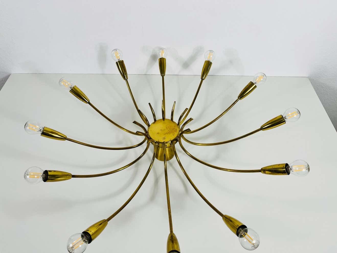 1 Of 2 Brass 12 Arm Sputnik Chandelier Arredoluce Attributed, 1950s photo for sale