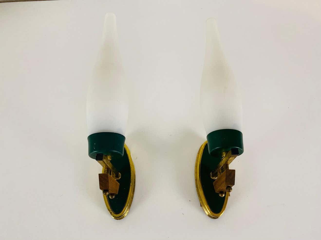 Pair Of Midcentury Brass And Opaline Glass Wall Lamps, Italy, 1960s photo for sale