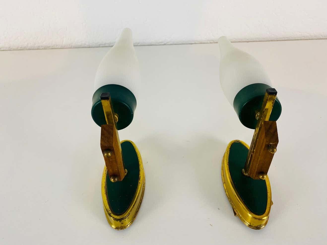 Pair Of Midcentury Brass And Opaline Glass Wall Lamps, Italy, 1960s photo Lighting
