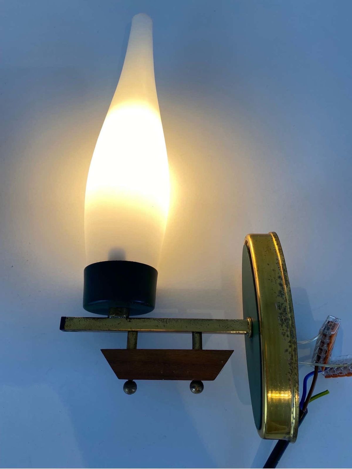 Pair Of Midcentury Brass And Opaline Glass Wall Lamps, Italy, 1960s photo 658.0
