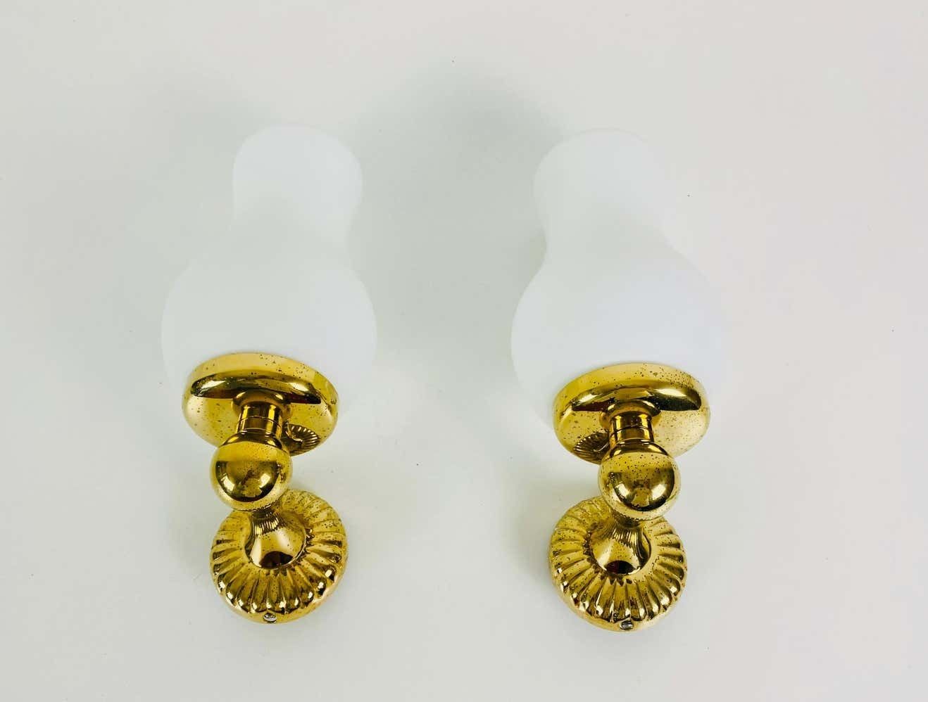 Pair Of Midcentury Brass And Opaline Glass Wall Lamps, Italy, 1960s photo for sale