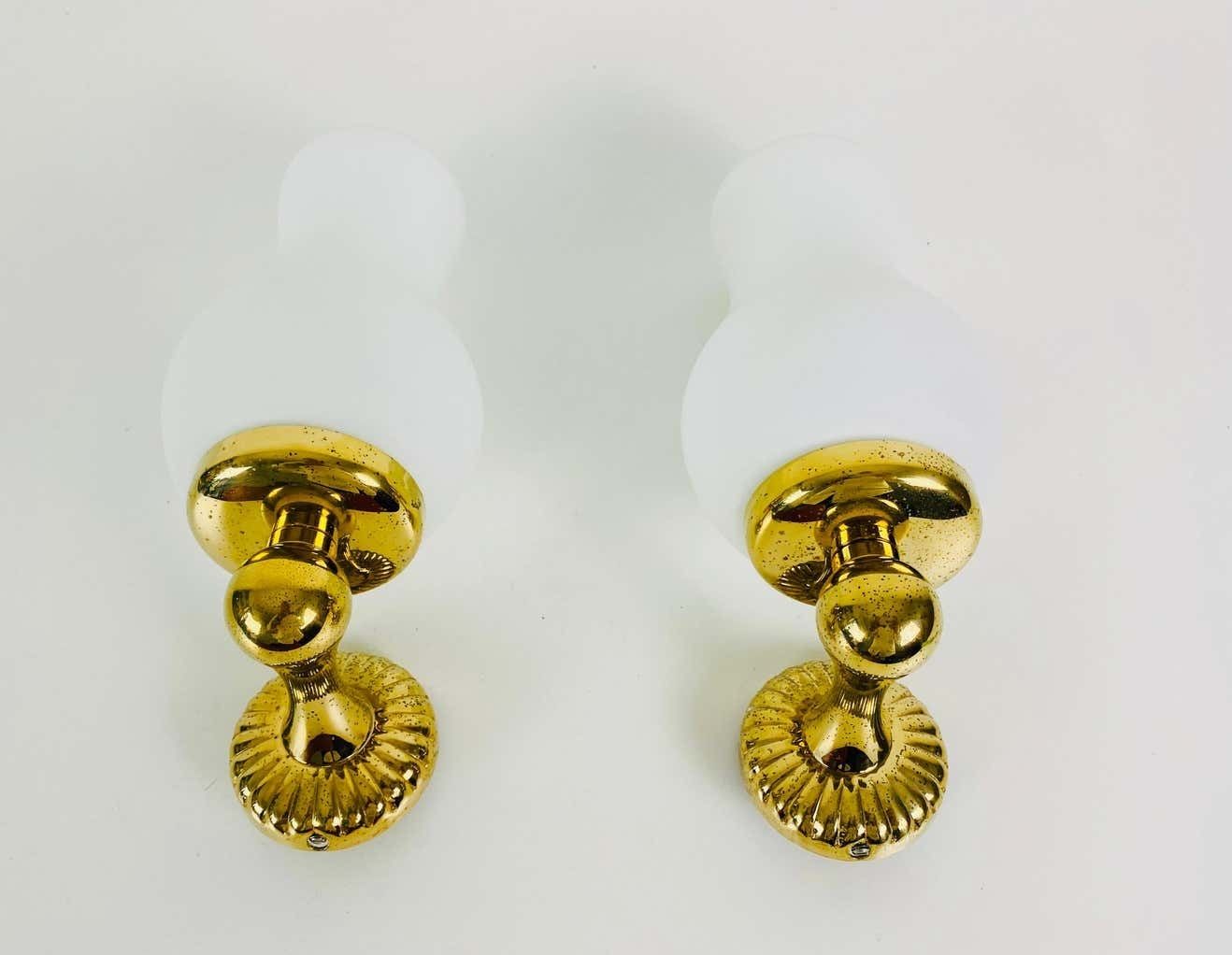 Pair Of Midcentury Brass And Opaline Glass Wall Lamps, Italy, 1960s photo Lighting