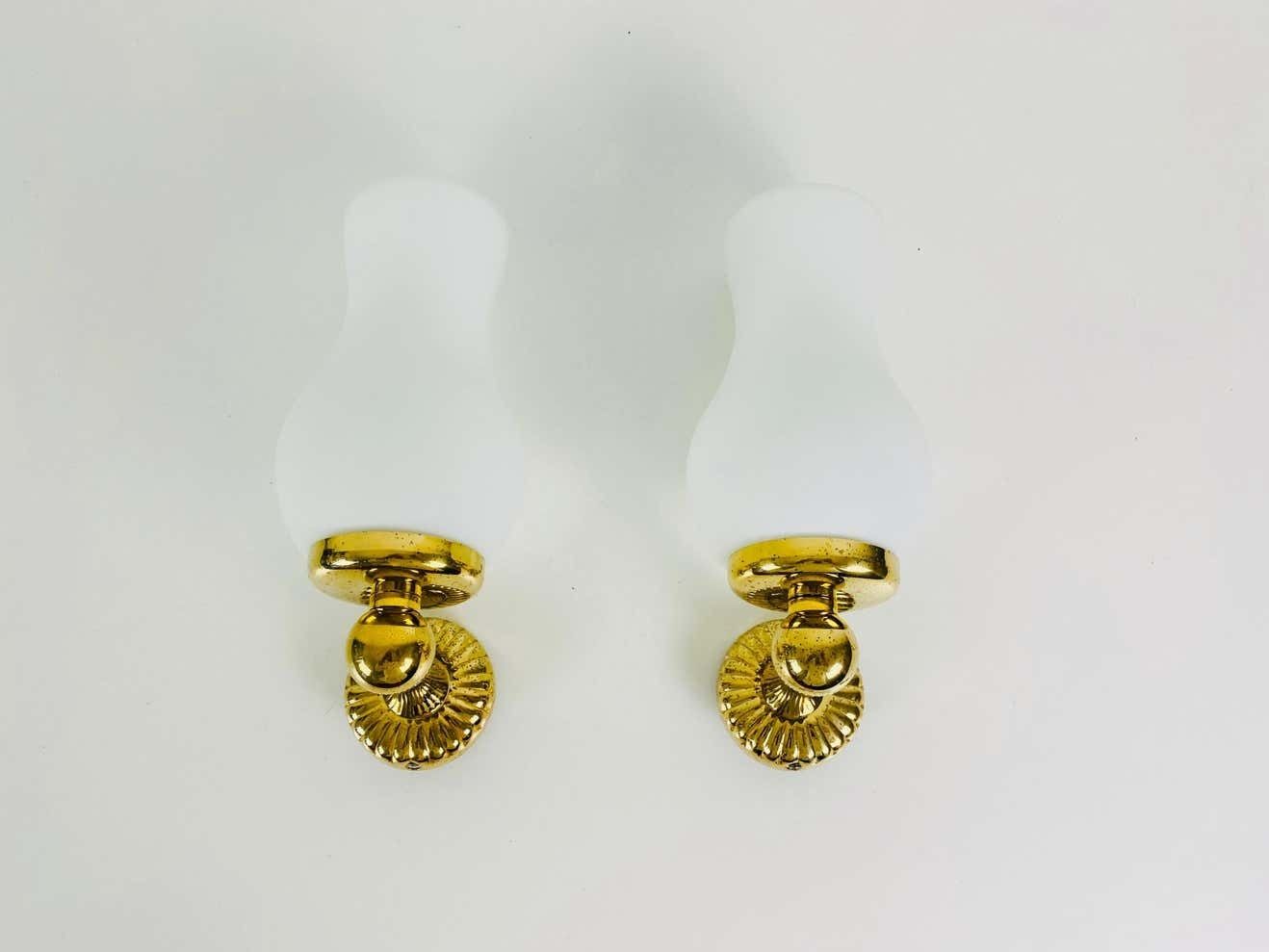 Pair Of Midcentury Brass And Opaline Glass Wall Lamps, Italy, 1960s photo 815.0