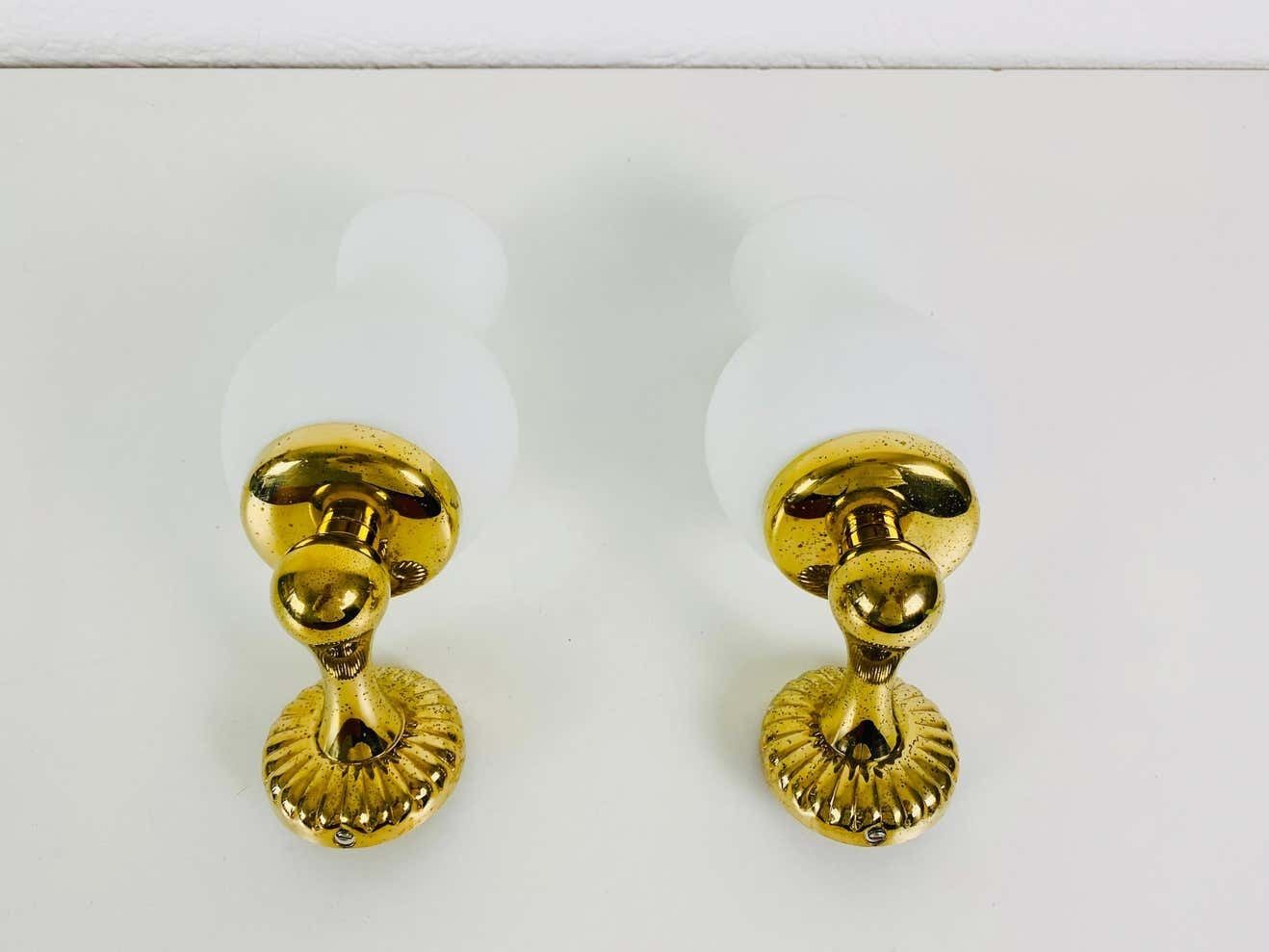 Pair Of Midcentury Brass And Opaline Glass Wall Lamps, Italy, 1960s photo vinterior