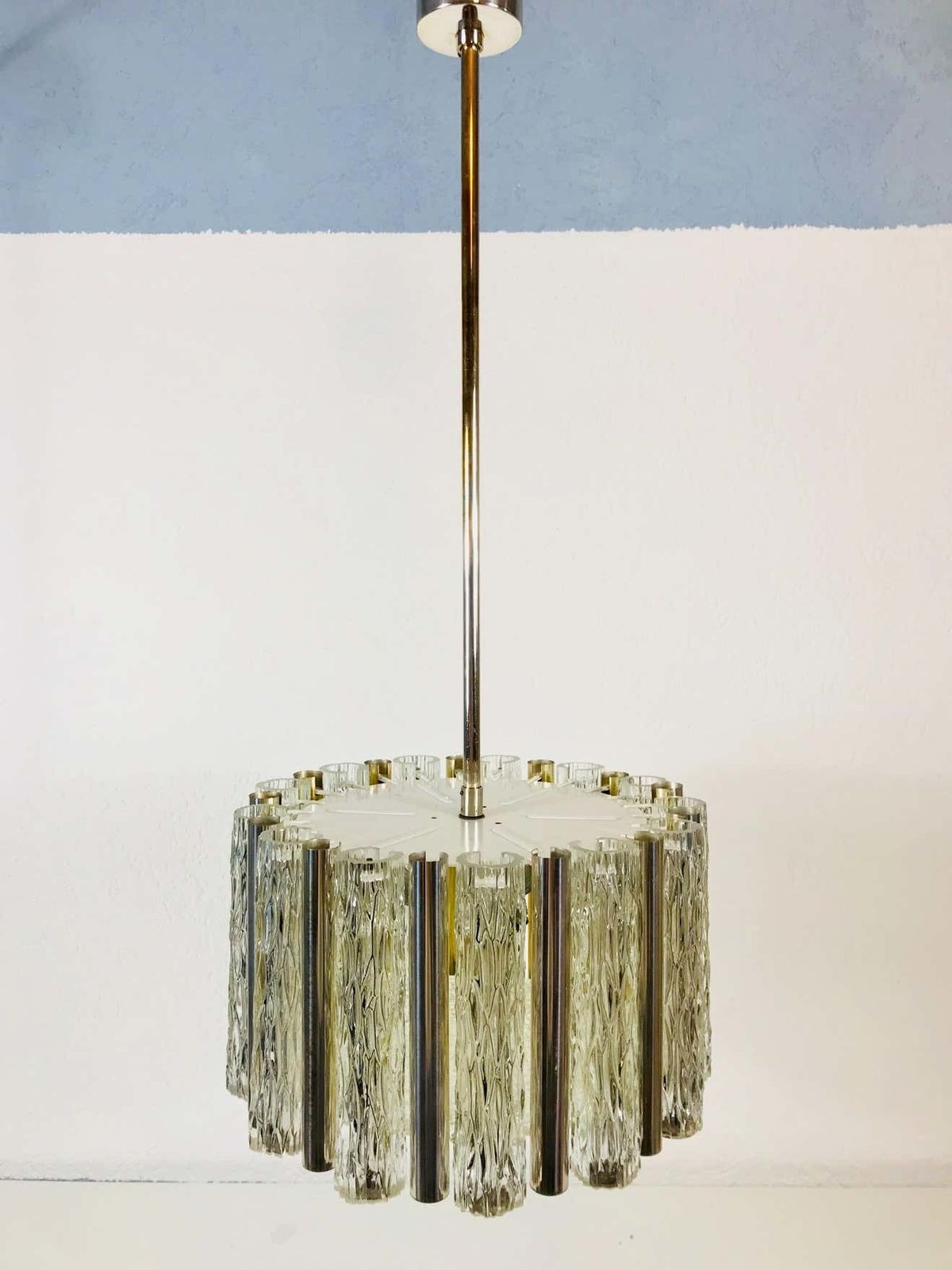 Rare Kaiser Leuchten Midcentury Crystal Ice Glass Circular Chandelier, 1960s photo vinterior