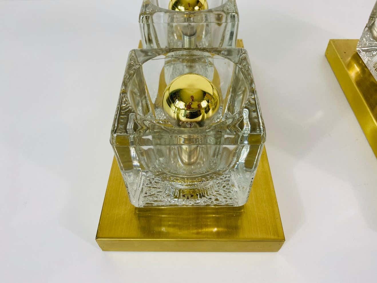 Pair Of Brass And Frosted Ice Glass Cube Flush Mounts By Peill & Putzler, 1970s photo furniture