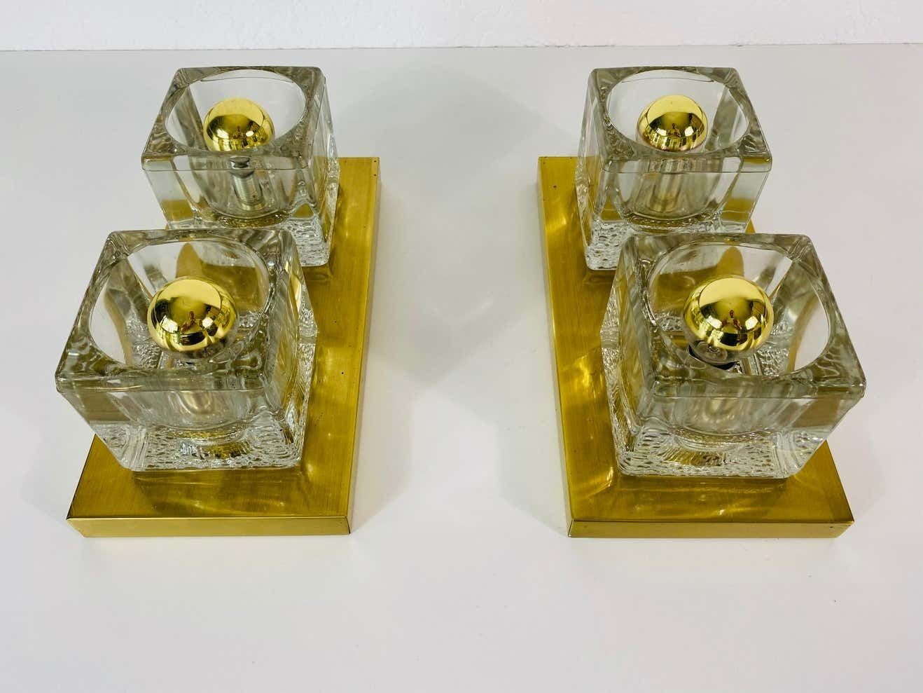 Pair Of Brass And Frosted Ice Glass Cube Flush Mounts By Peill & Putzler, 1970s photo for sale