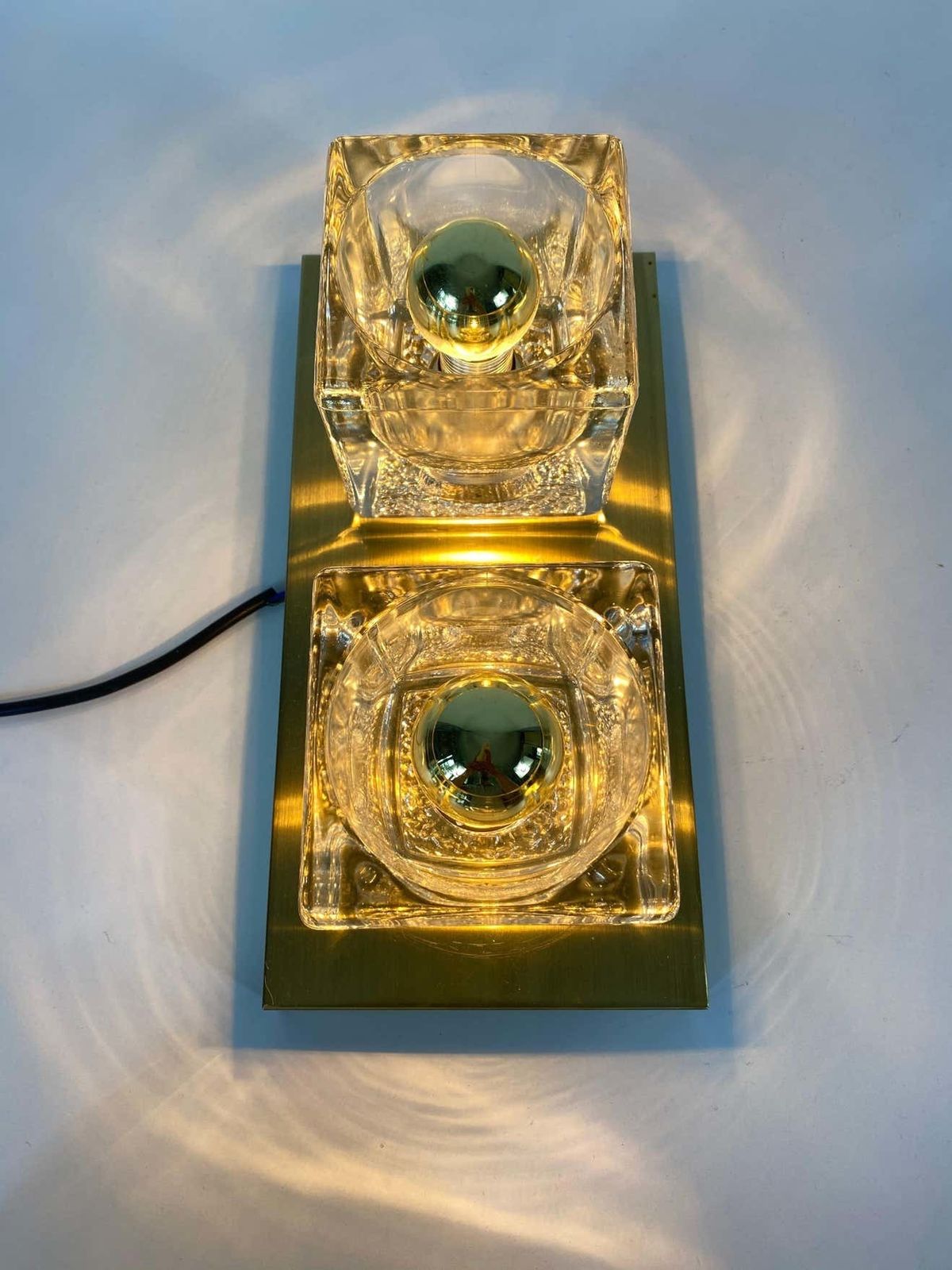 Pair Of Brass And Frosted Ice Glass Cube Flush Mounts By Peill & Putzler, 1970s photo vinterior