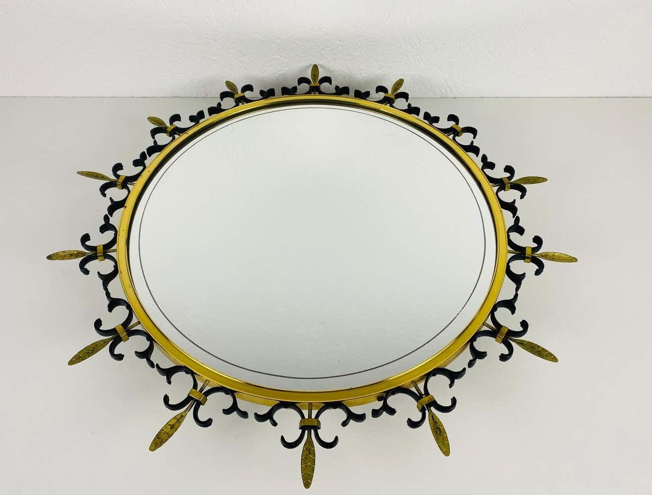 photo for sale Mid Century Modern Italian Round Illuminated Brass Wall Mirror, Italy, 1960s
