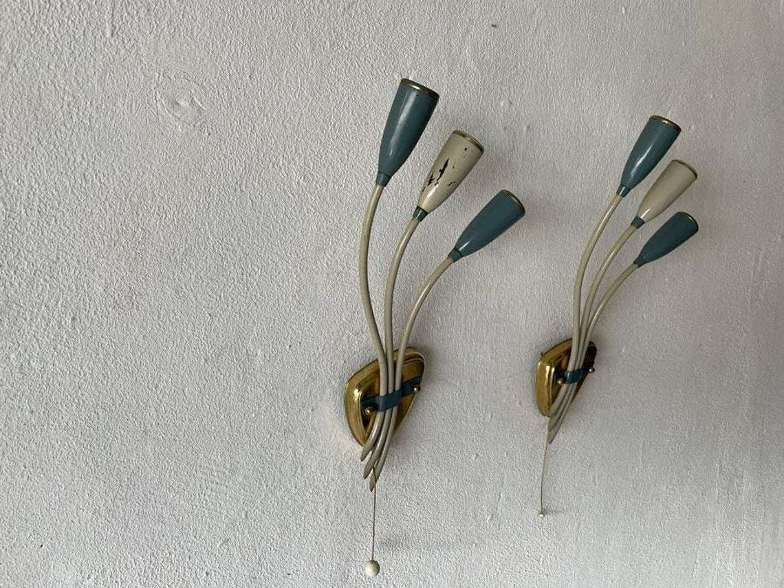 3 Head Blue And White Metal Pair Of Sputnik Sconces, 1950s, Germany photo Lighting