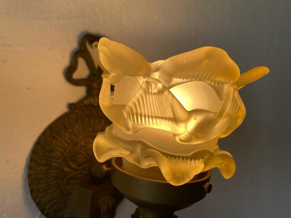 Unique French Flower Shaped Smoke Glass & Brass Pair Of Sconces, 1940s, France photo buy
